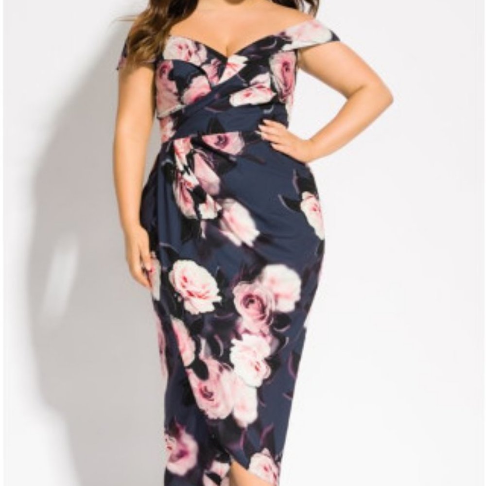 City Chic Navy Floral Off-Shoulder Midi Dress